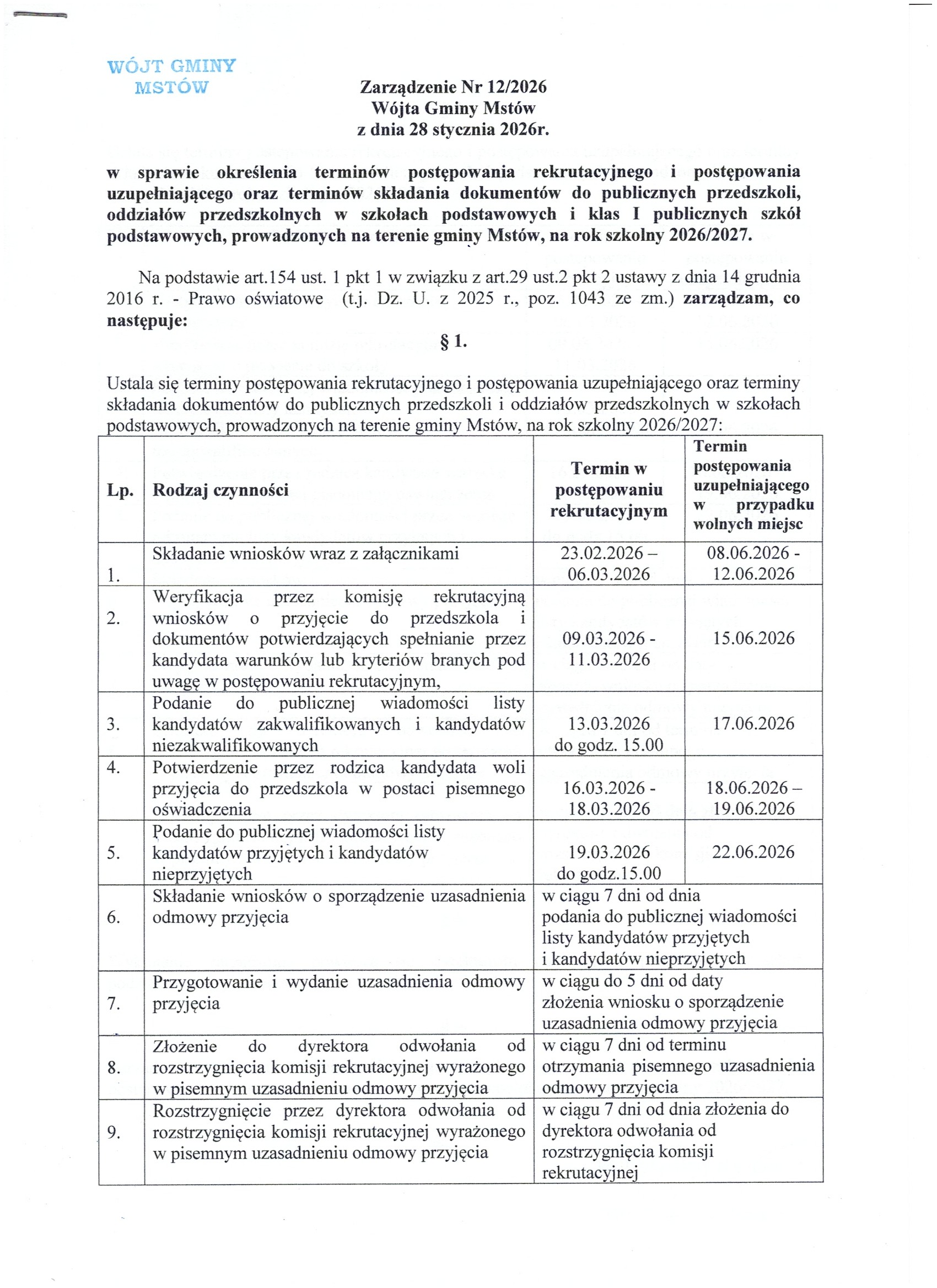 Terminy rekrutacji na&nbsp;rok szkolny 2026/2027